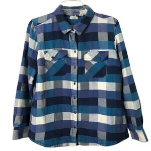 L.L. Bean Women's Blue Plaid Button-Up Long Sleeve Shirt Elbow Patch Pockets M